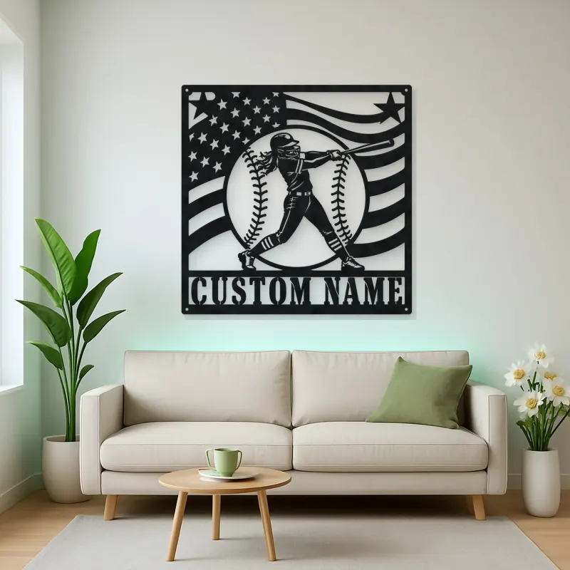 Personalized Female Softball Batter Waving Flag Metal Wall Art