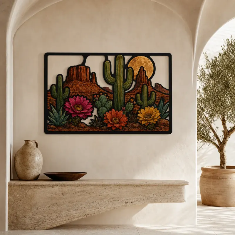 Desert Cactus Garden with Colorful Wildflowers Metal Wall Art