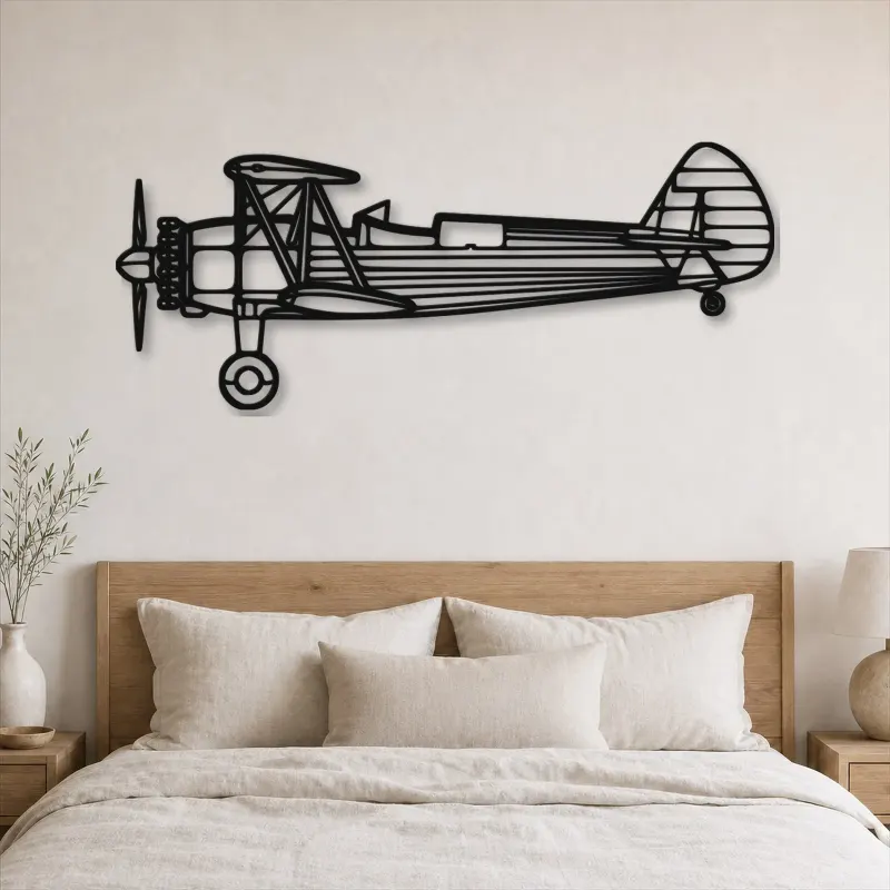 Silhouette in Metallo dell'Aereo Stearman 75, Insegna in Metallo, Decorazione da Parete Aeronautica, Decorazione per Aviatori