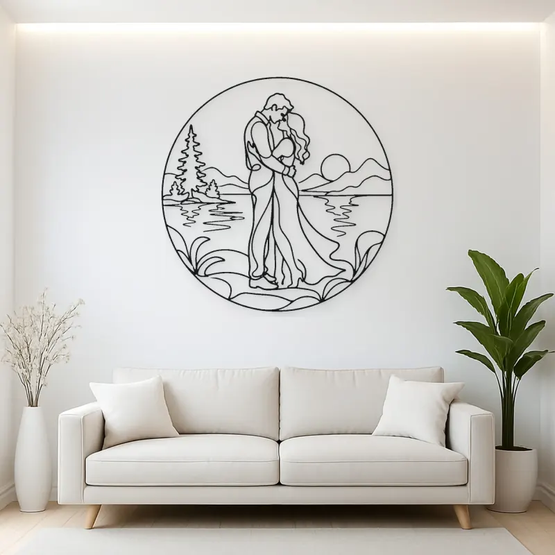 Lakeside Embrace Metal Wall Art | Romantic Couple Decor