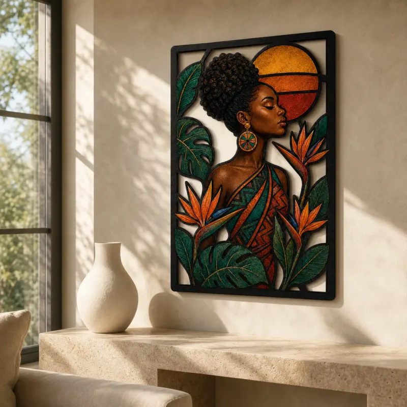 Afro Woman with Bird of Paradise Flowers Colorful Metal Wall Art