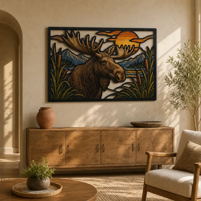Moose by Mountain Lake at Sunset Colorful Metal Wall Art