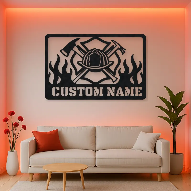 Personalized Firefighter Helmet Metal Wall Art with Flames