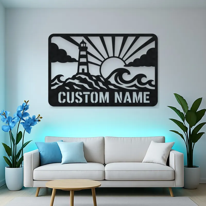Personalized Lighthouse Metal Wall Art with Ocean Waves