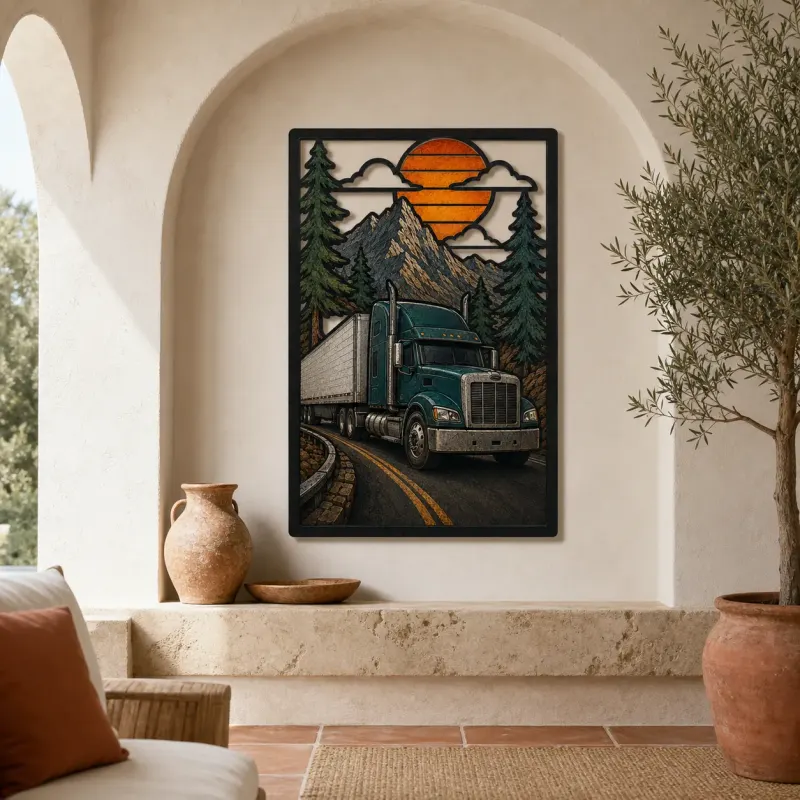 Green Semi Truck on Mountain Highway Colorful Metal Wall Art