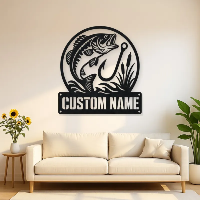 Personalized Largemouth Bass Fishing Metal Wall Art with Hook