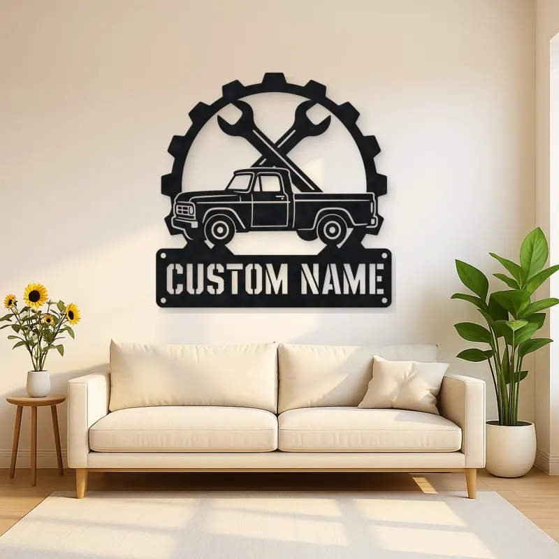 Personalized Vintage Pickup Truck Metal Wall Art with Wrench Detail