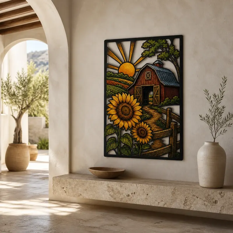 Red Barn with Sunflowers at Sunrise Colorful Metal Wall Art