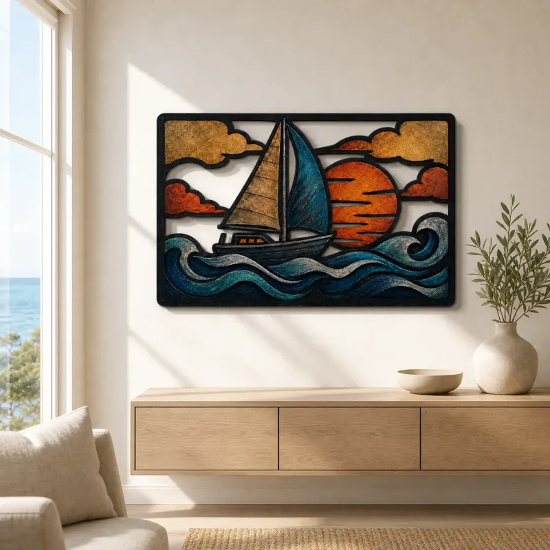 Sailboat on Rolling Ocean Waves at Sunset Colorful Metal Wall Art