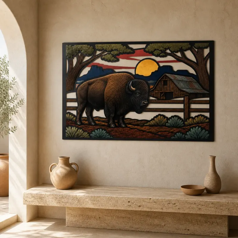 Bison beside Rustic Ranch Barn at Sunset Colorful Metal Wall Art