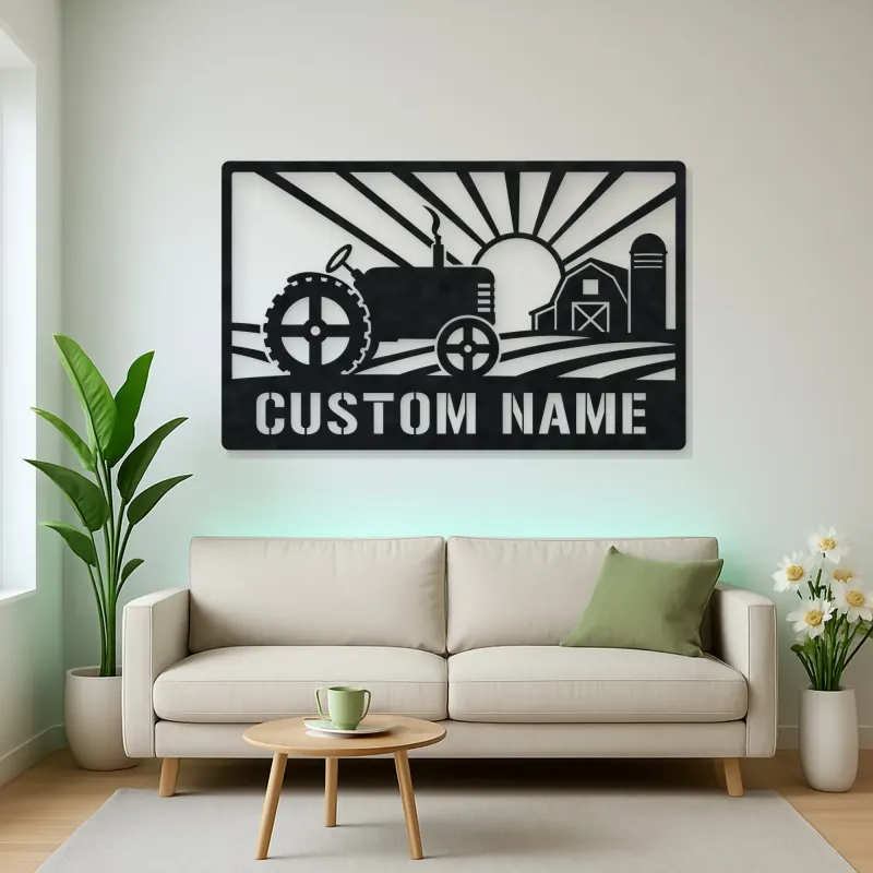 Personalized Farm Tractor Metal Wall Art with Sunrise