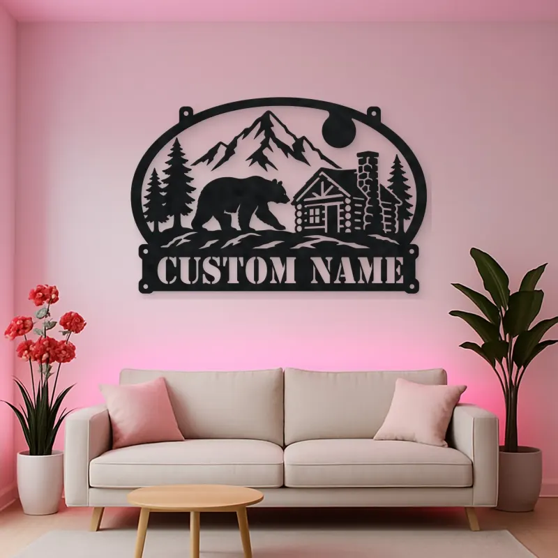 Personalized Bear Cabin Metal Wall Art with Mountain Scene