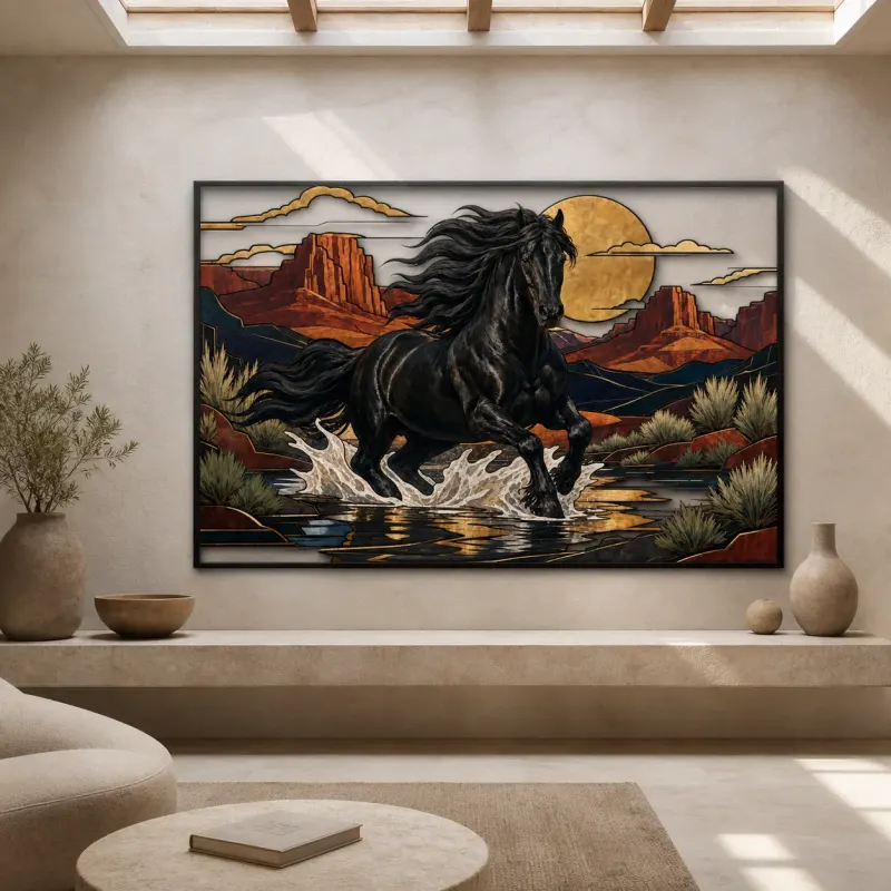 Black Horse Running through Desert Stream Colorful Metal Wall Art