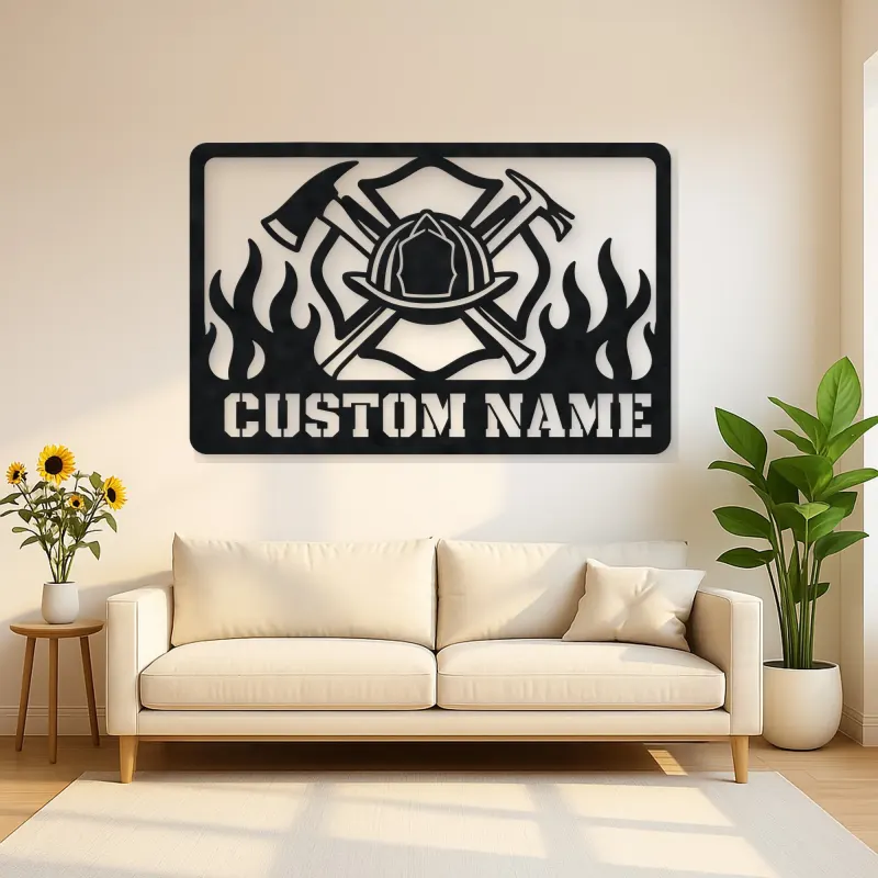 Personalized Firefighter Helmet Metal Wall Art with Flames