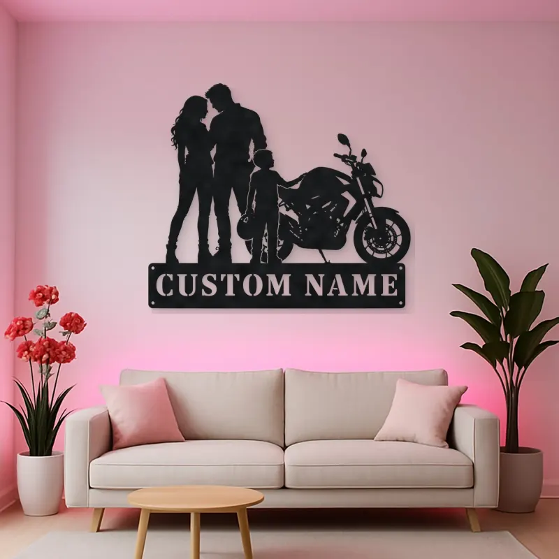 Personalized Motorcycle Family with Helmet Carrying Child Metal Wall Art