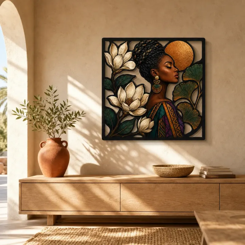 Afro Woman with Magnolia Flowers and Copper Moon Colorful Metal Wall Art