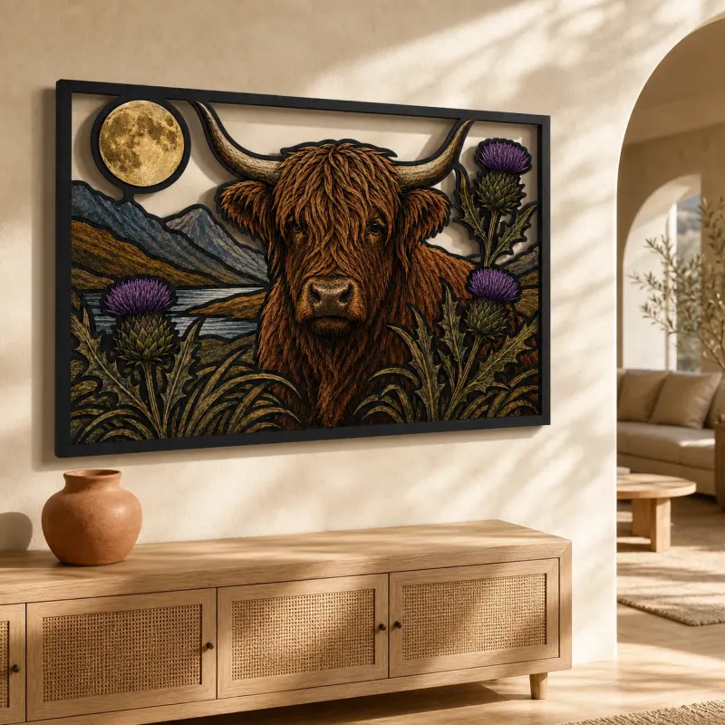 Highland Cow with Scottish Thistles and Full Moon Colorful Metal Wall Art