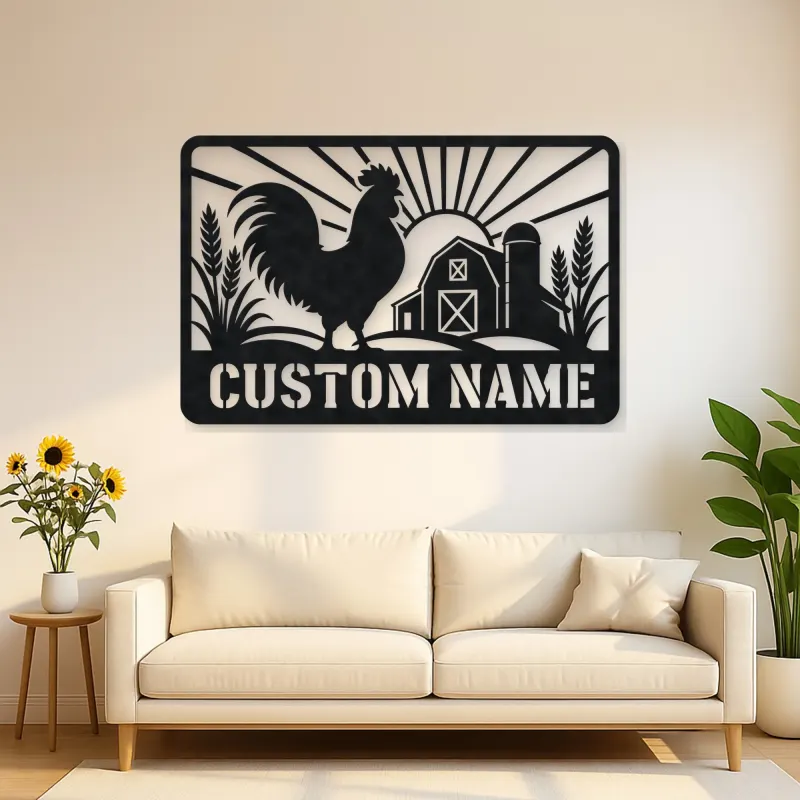 Personalized Rooster Farm Metal Wall Art with Barn Scene