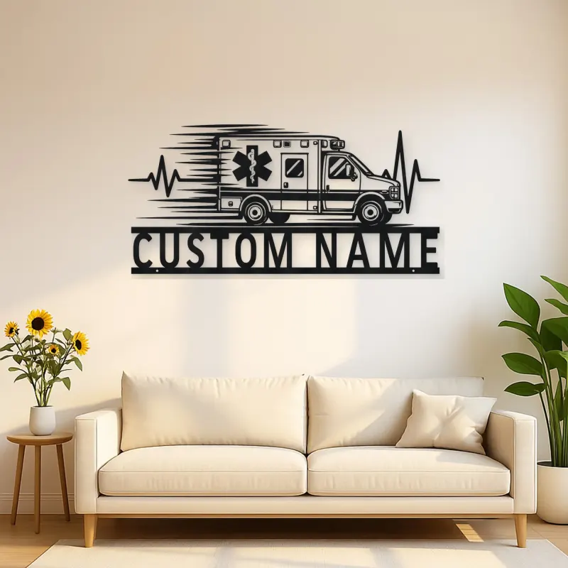 Personalized Side View Ambulance Heartbeat Metal Wall Art