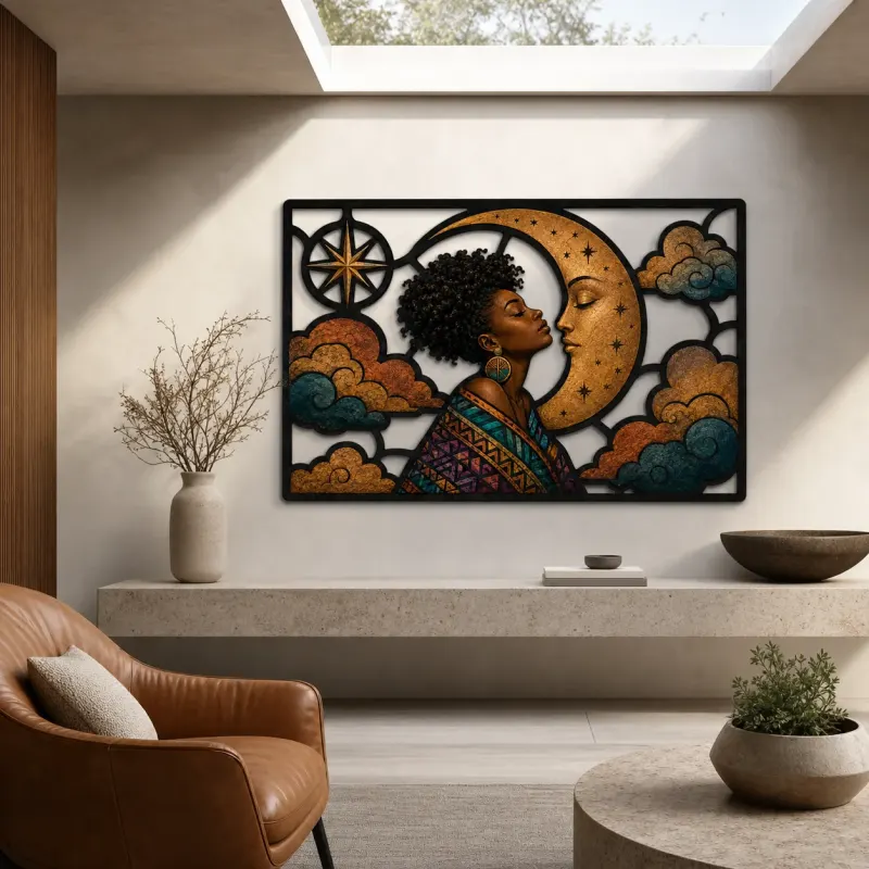 Afro Woman Embracing Crescent Moon among Clouds Colorful Metal Wall Art