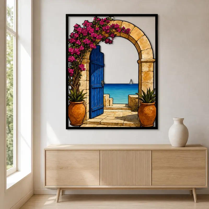Blue Mediterranean Door with Bougainvillea and Sea Colorful Metal Wall Art