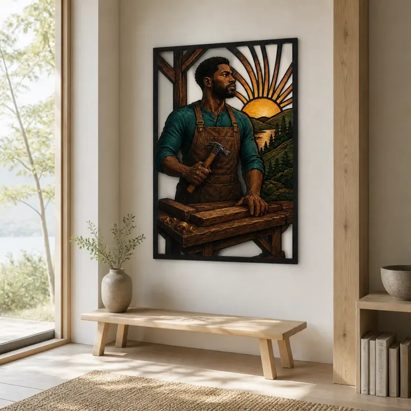 Carpenter with Hand Tools at Wooden Workbench Colorful Metal Wall Art