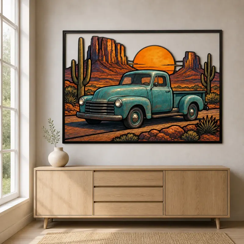 Vintage Pickup Truck on Desert Road at Sunset Colorful Metal Wall Art