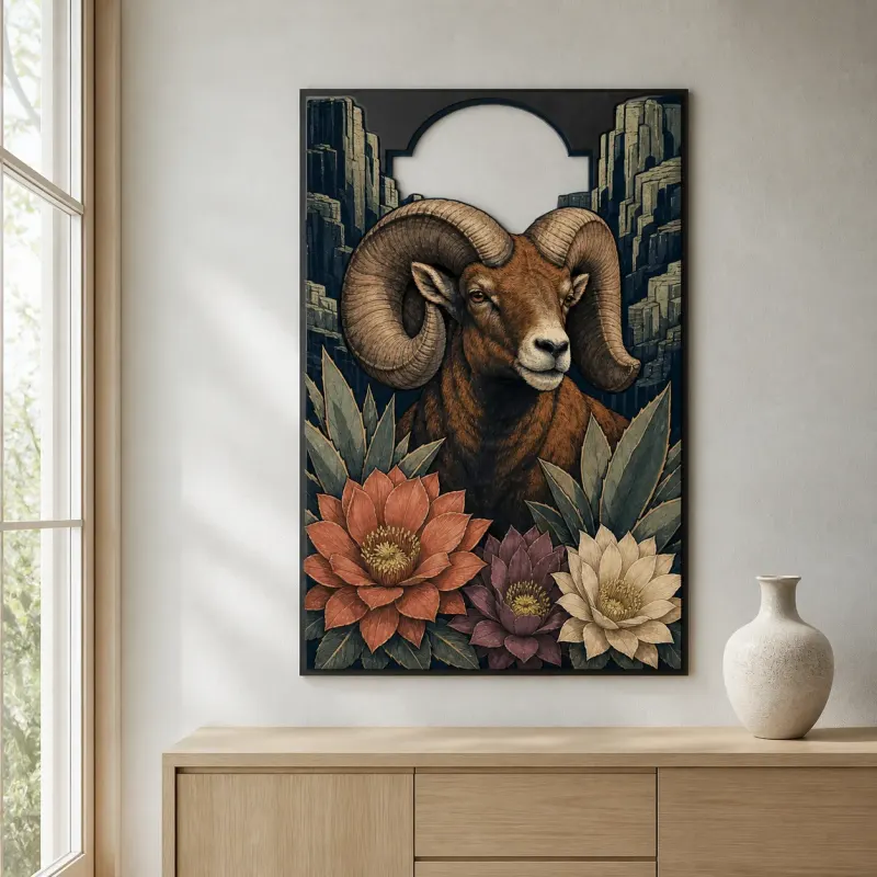 Bighorn Ram with Succulents and Mountain Cliffs Colorful Metal Wall Art
