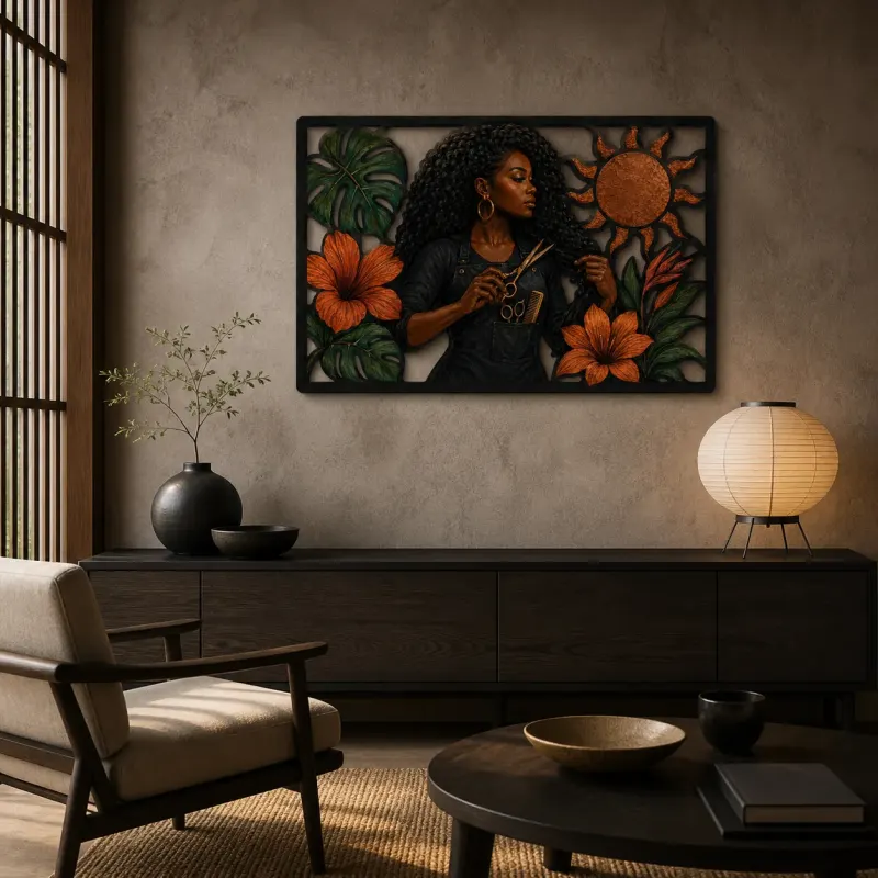Black Woman Hairstylist with Hibiscus and Monstera Colorful Metal Wall Art