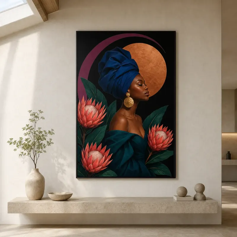 Black Woman in Blue Headwrap with Protea Flowers Colorful Metal Wall Art