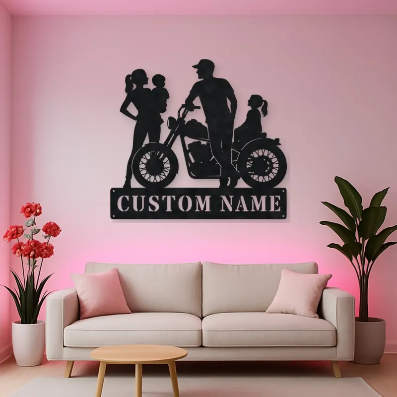 Personalized Motorcycle Family with Seated Daughter Metal Wall Art