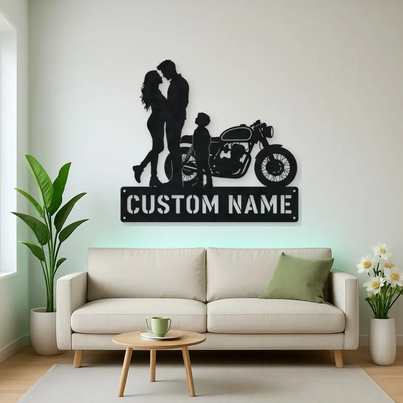 Personalized Cafe Racer Family of Three Metal Wall Art