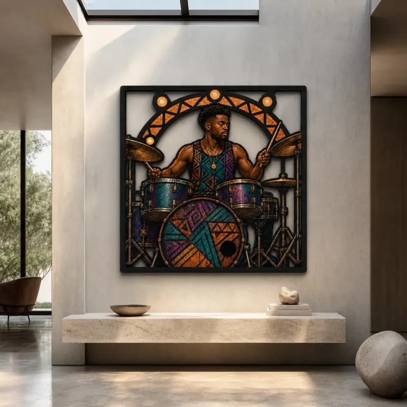 Black Drummer Performing in Colorful Art Deco Style Metal Wall Decor