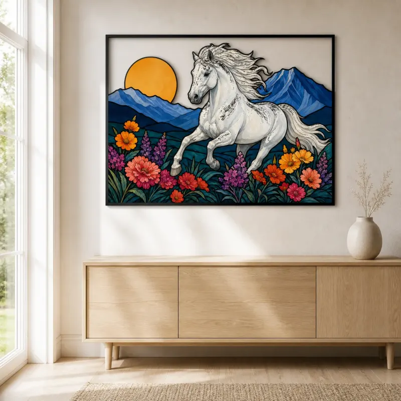 White Horse Running through Mountain Wildflowers Colorful Metal Wall Art