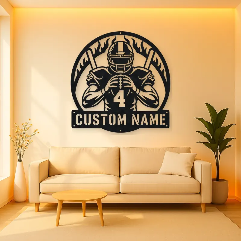 Personalized Number 4 Football Player Flame Metal Wall Art