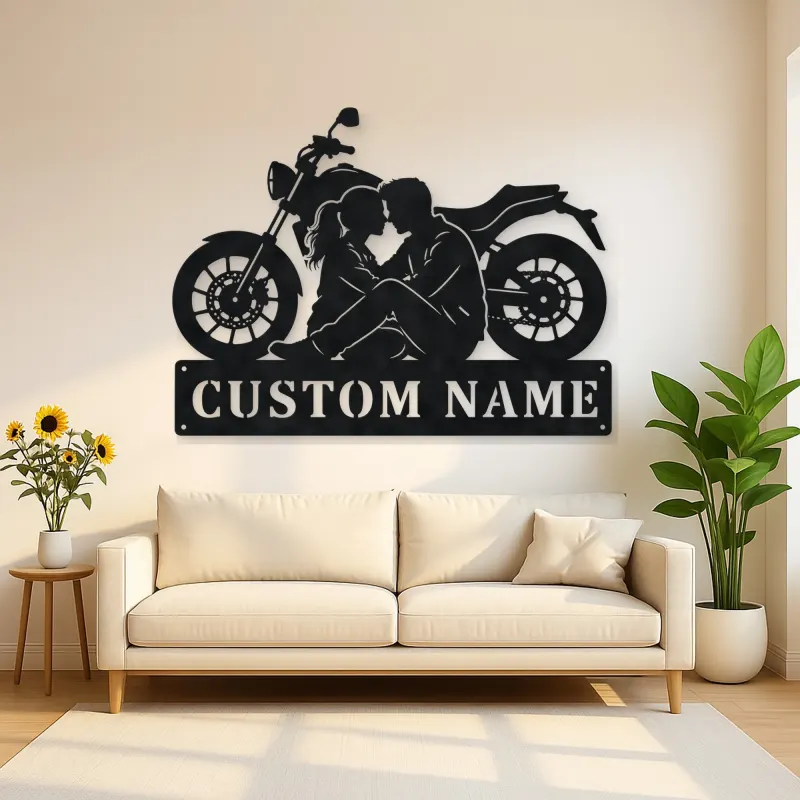 Personalized Seated Couple and Motorcycle Metal Wall Art