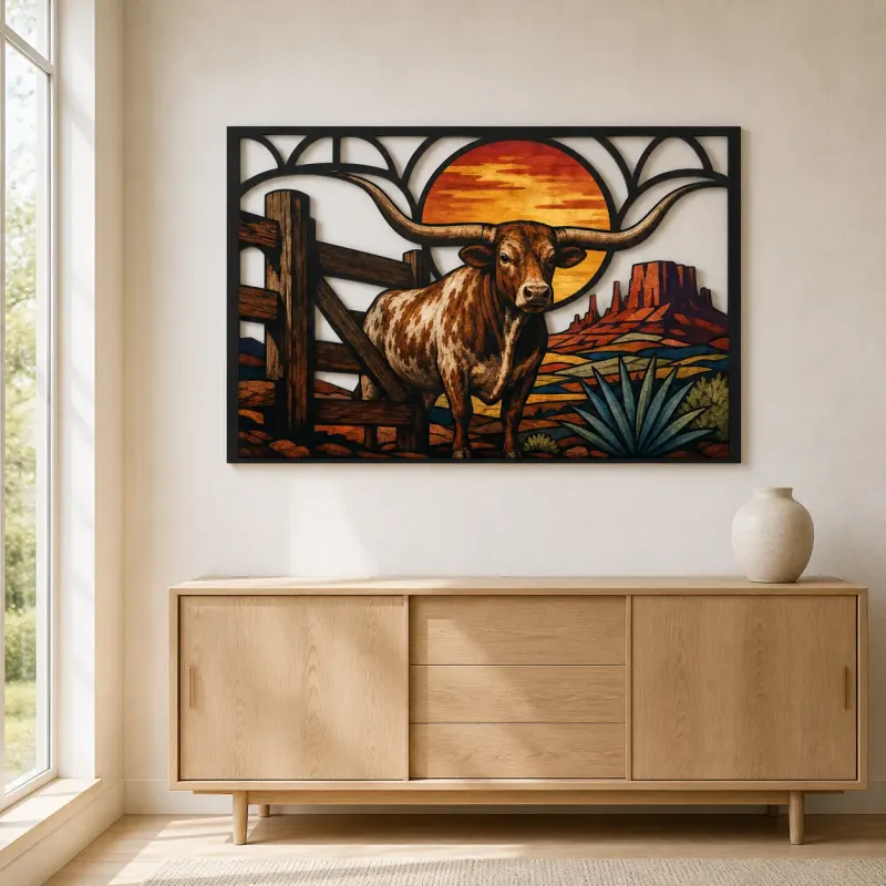 Texas Longhorn by Desert Ranch at Sunset Colorful Metal Wall Art