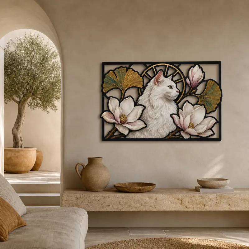 White Longhair Cat with Magnolia Flowers Colorful Metal Wall Art
