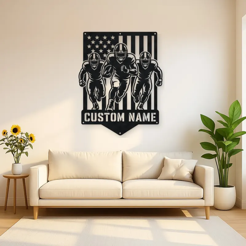 Personalized Three Football Players Flag Metal Wall Art