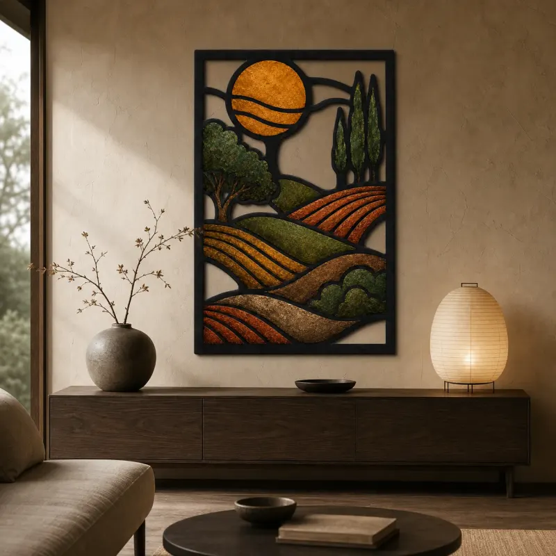 Mid Century Rolling Hills with Golden Sun Colorful Metal Wall Art