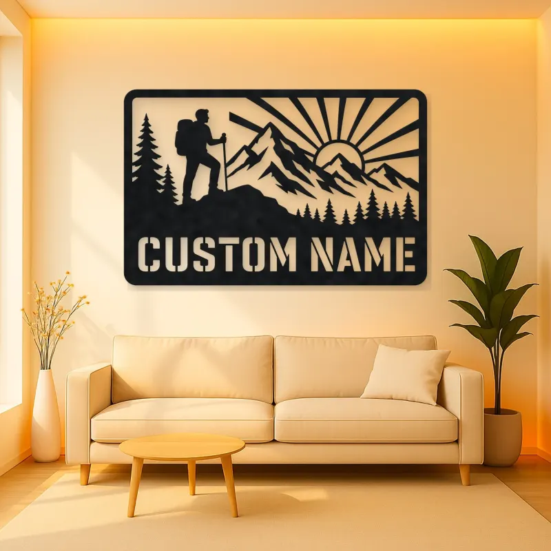 Personalized Mountain Hiker Metal Wall Art with Sunrise
