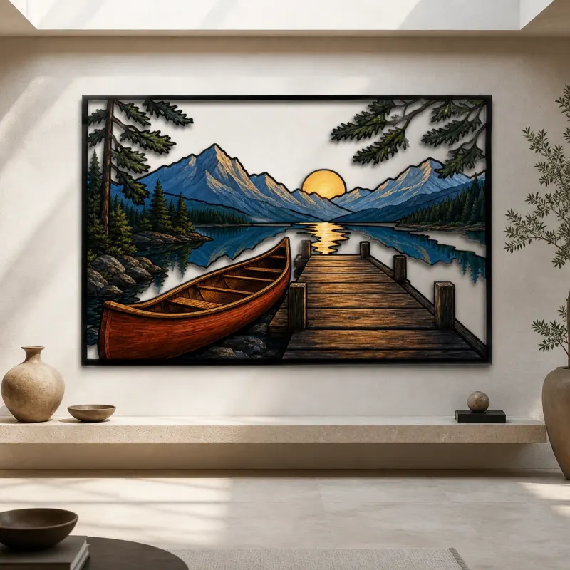 Canoe and Dock on Mountain Lake at Sunset Colorful Metal Wall Art