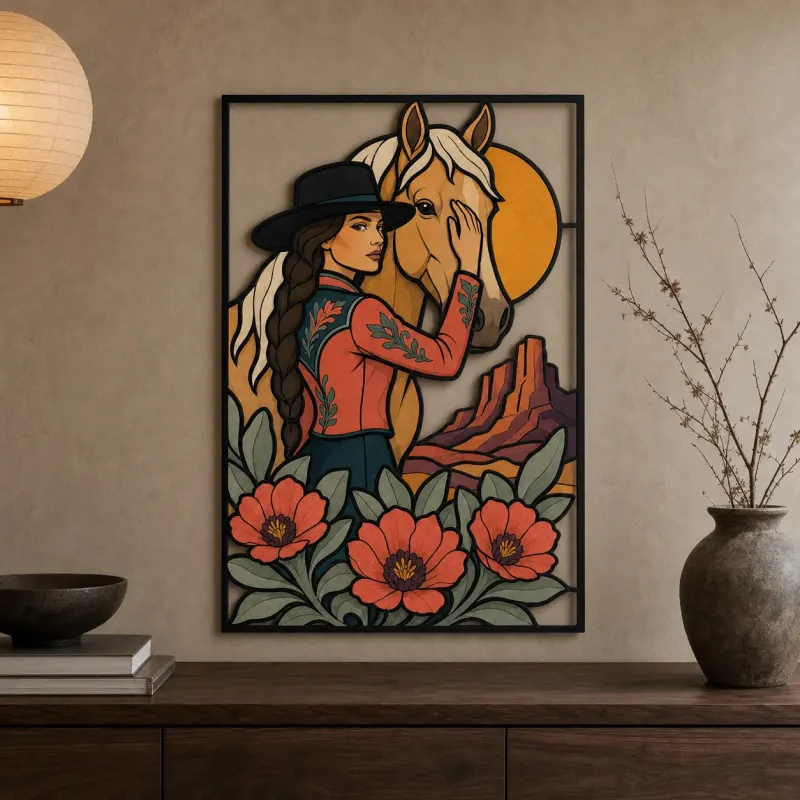 Cowgirl with Palomino Horse and Desert Poppies Colorful Metal Wall Art