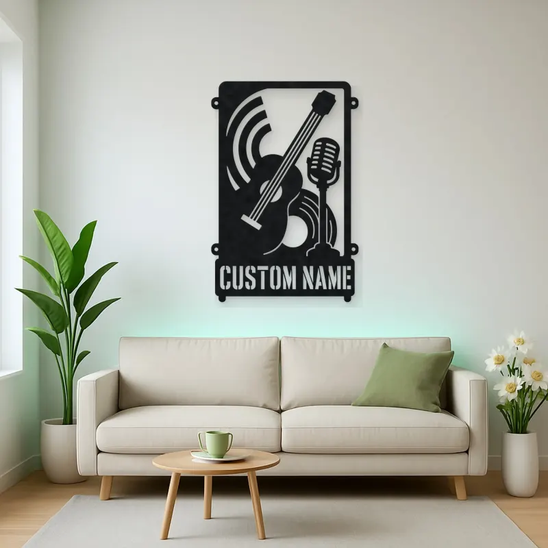Personalized Double Bass Music Metal Wall Art with Vintage Microphone