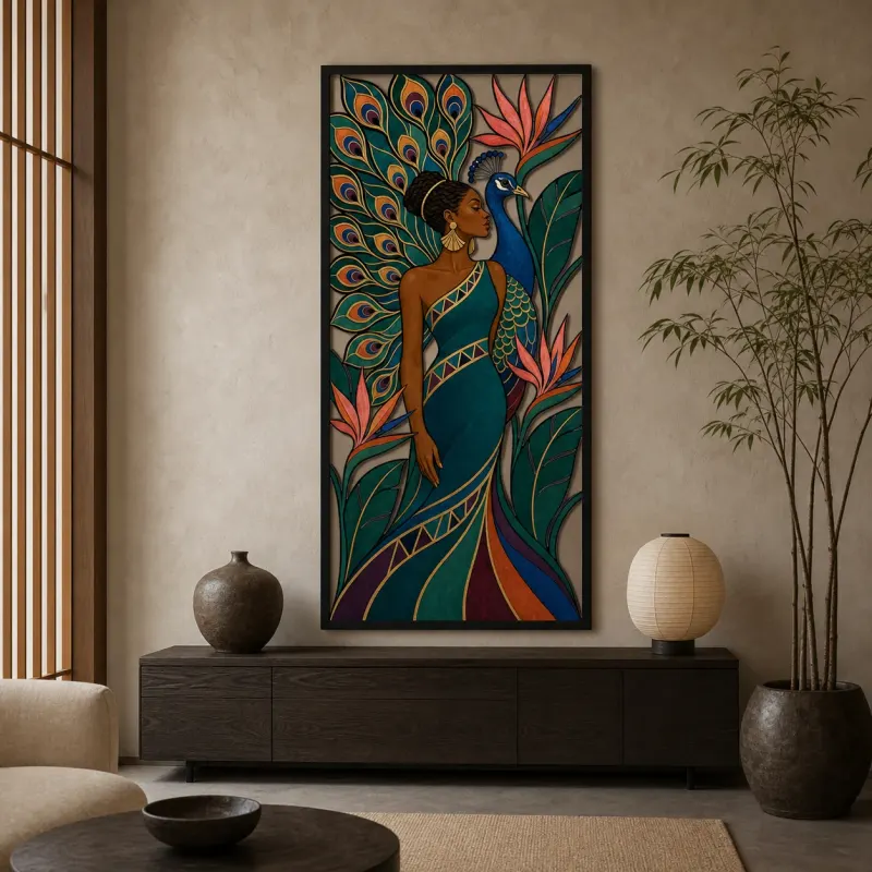 Afro Woman with Peacock Feathers and Tropical Flowers Colorful Metal Wall Art