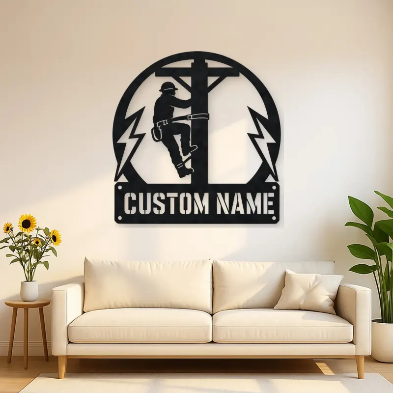 Personalized Electrical Lineman Metal Wall Art with Utility Pole