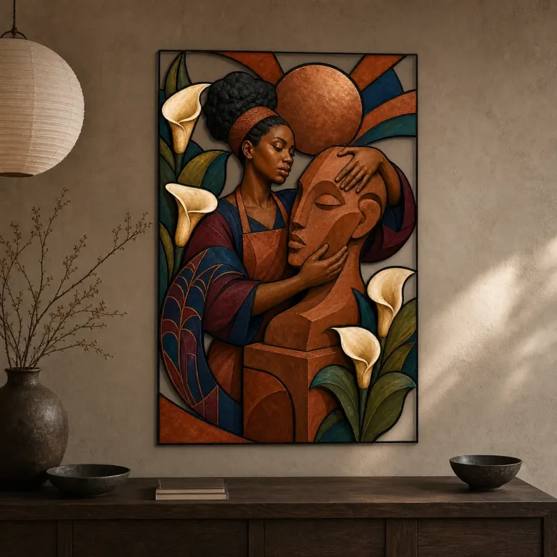 Black Woman Sculptor with Statue and Calla Lilies Colorful Metal Wall Art