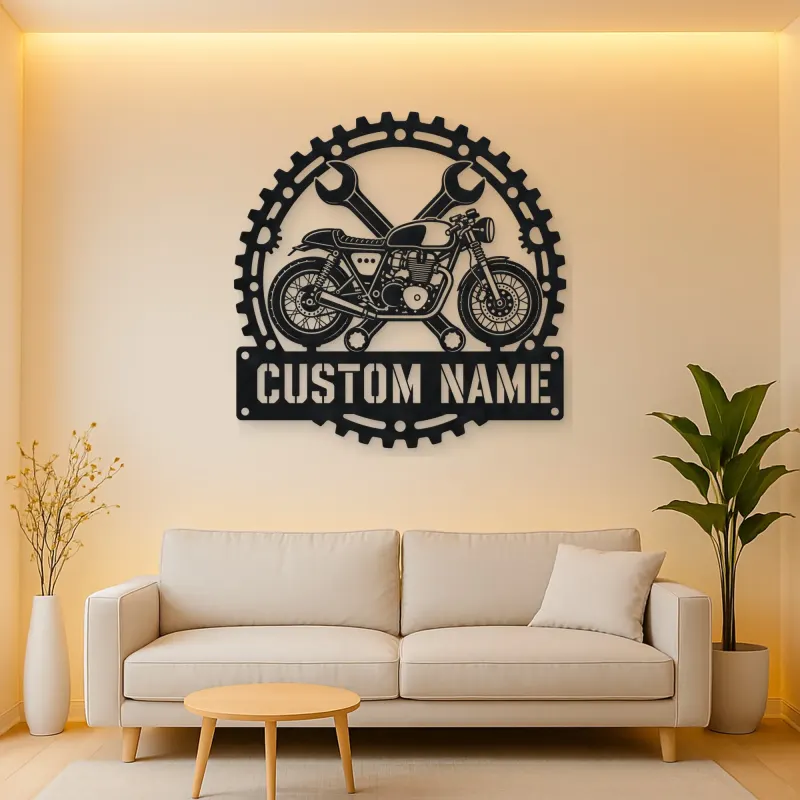 Personalized Cafe Racer Motorcycle Wrench Gear Metal Wall Art