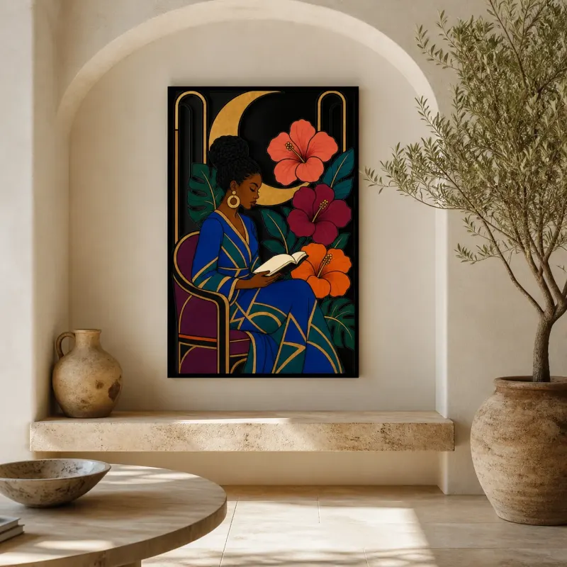 Black Woman Reading among Hibiscus and Moon Colorful Metal Wall Art