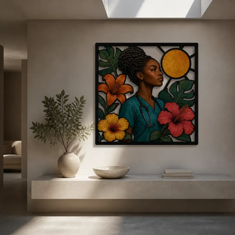 Black Woman Nurse with Tropical Hibiscus Colorful Metal Wall Art